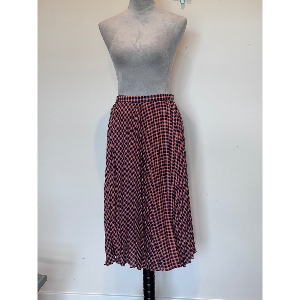Mustard Seed Orange Navy Blue Gingham Pleated Midi Skirt Medium NWT fall autumn